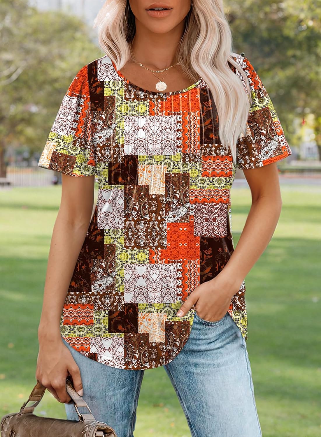 Women’s Short Sleeve Pleated T-Shirt - Casual Scooped Neck Summer Blouse - Picture 84 of 266