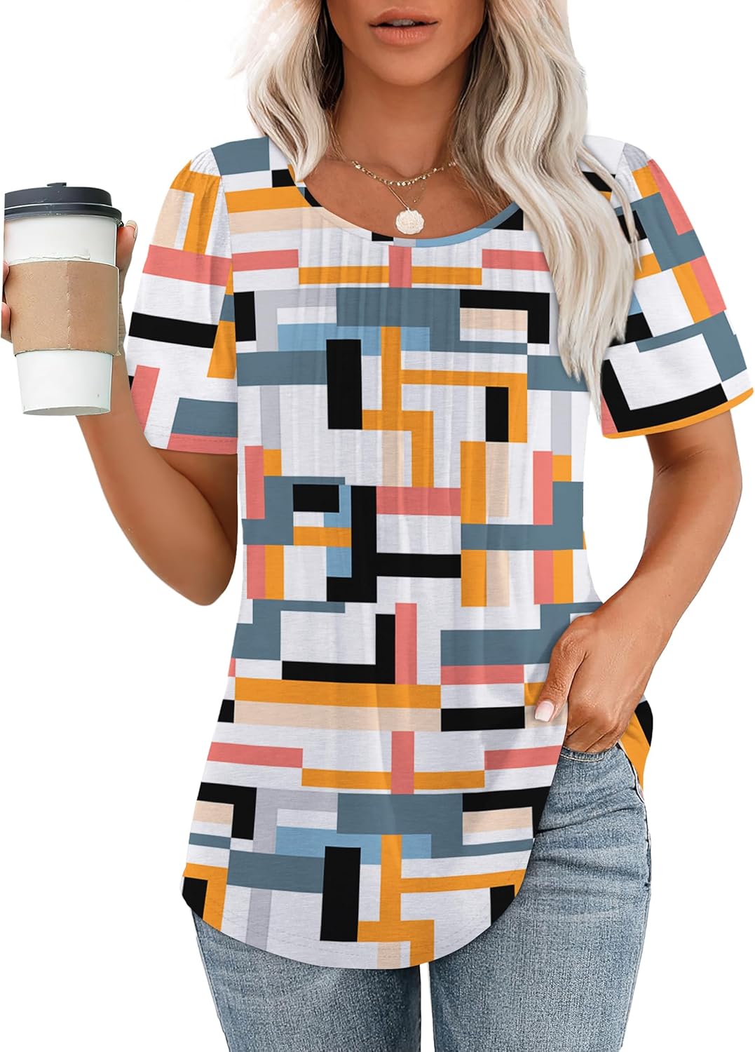 Women’s Short Sleeve Pleated T-Shirt - Casual Scooped Neck Summer Blouse - Picture 85 of 266