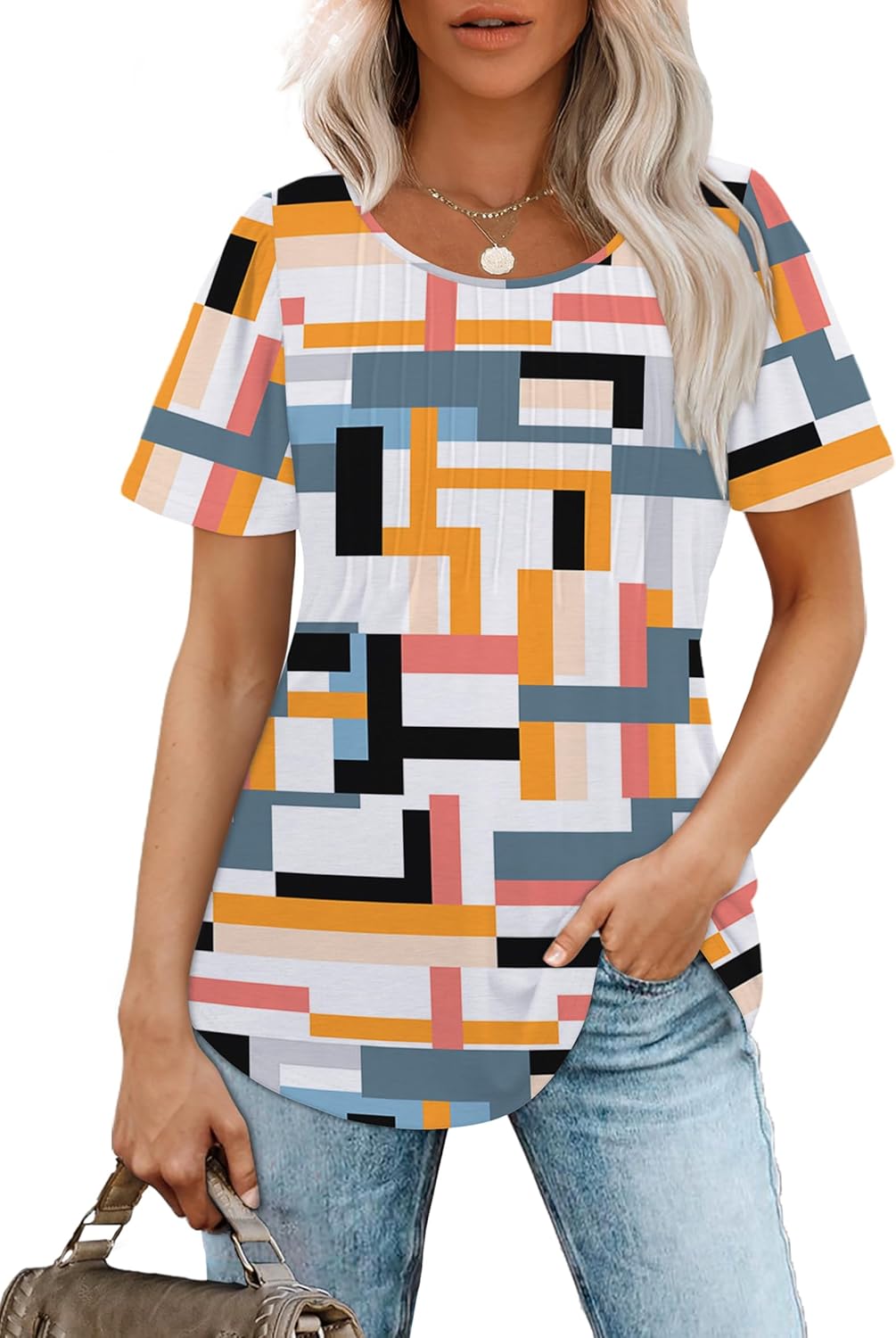 Women’s Short Sleeve Pleated T-Shirt - Casual Scooped Neck Summer Blouse - Picture 86 of 266