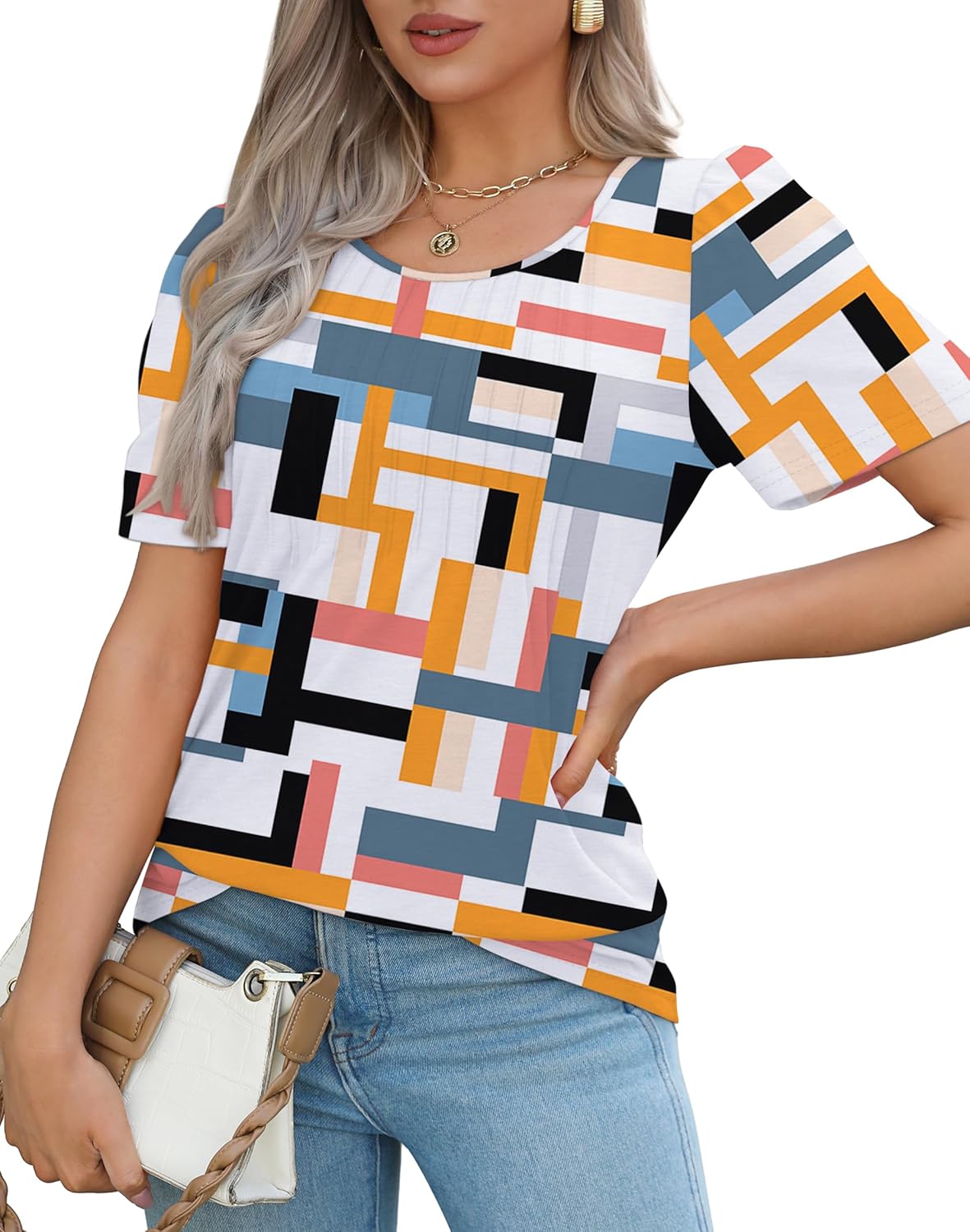 Women’s Short Sleeve Pleated T-Shirt - Casual Scooped Neck Summer Blouse - Picture 87 of 266