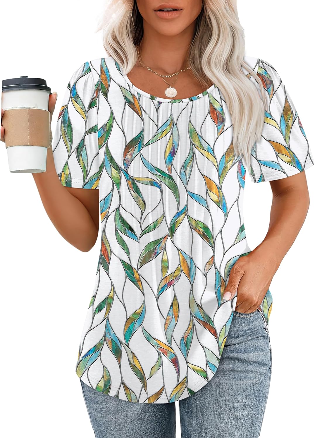 Women’s Short Sleeve Pleated T-Shirt - Casual Scooped Neck Summer Blouse - Picture 91 of 266