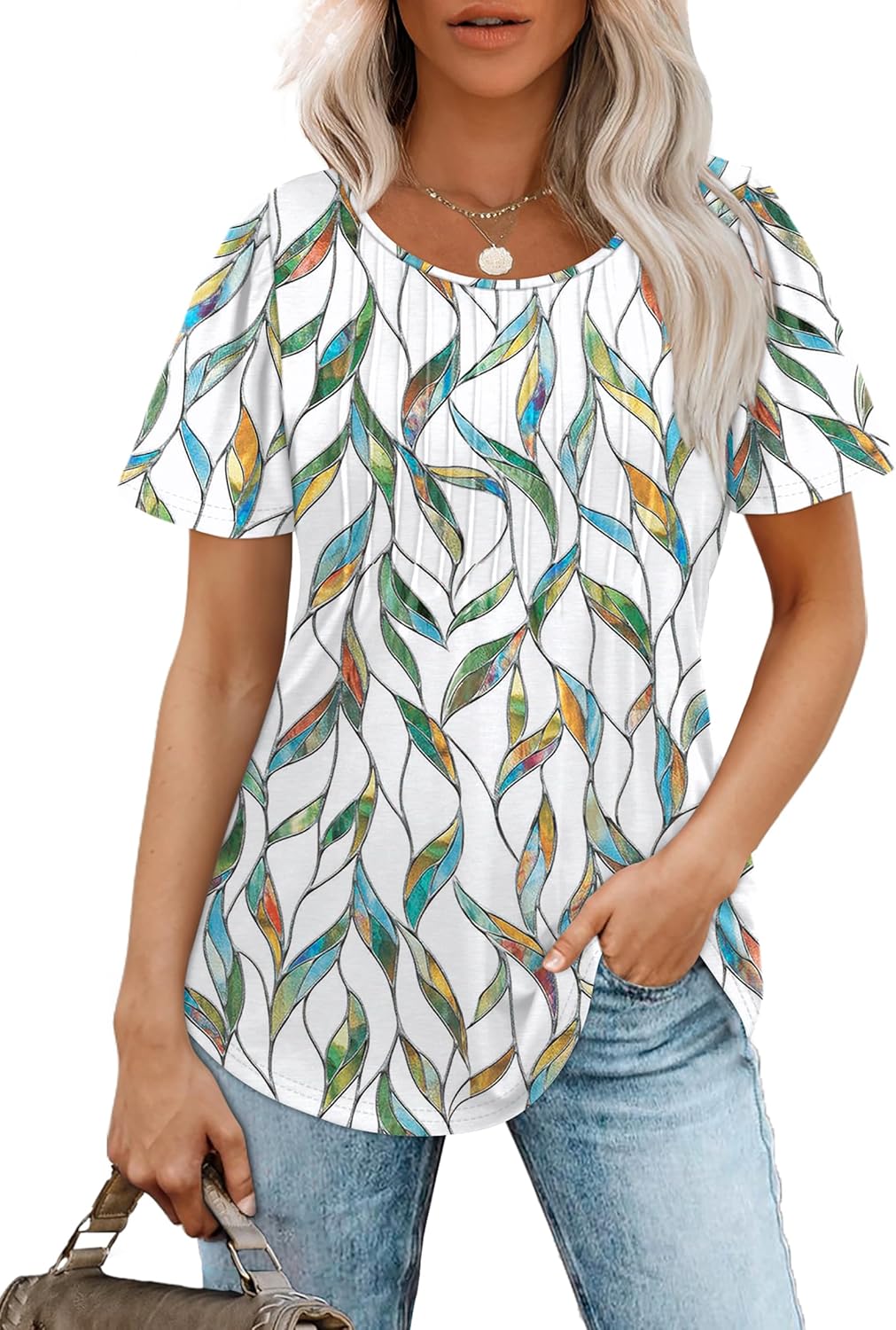 Women’s Short Sleeve Pleated T-Shirt - Casual Scooped Neck Summer Blouse - Picture 92 of 266