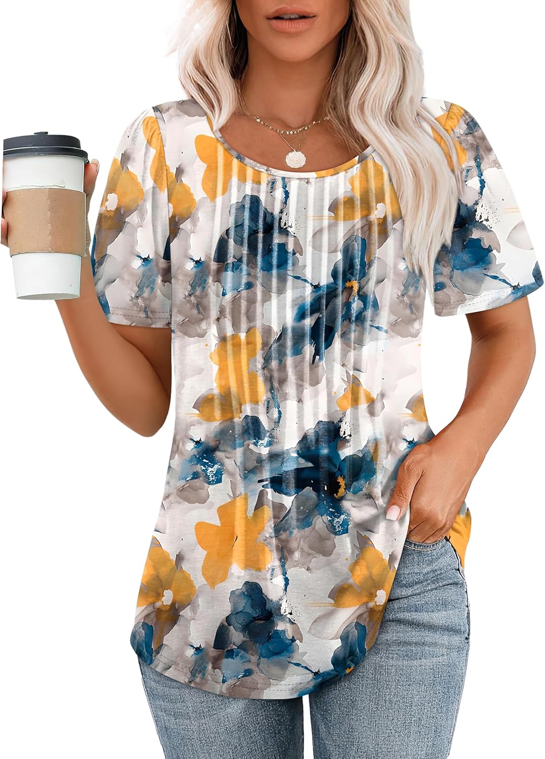 Women’s Short Sleeve Pleated T-Shirt - Casual Scooped Neck Summer Blouse - Picture 97 of 266