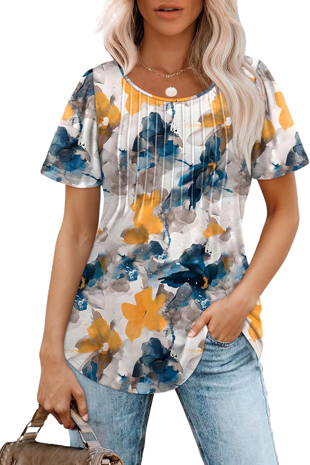 Women’s Short Sleeve Pleated T-Shirt - Casual Scooped Neck Summer Blouse - Picture 98 of 266