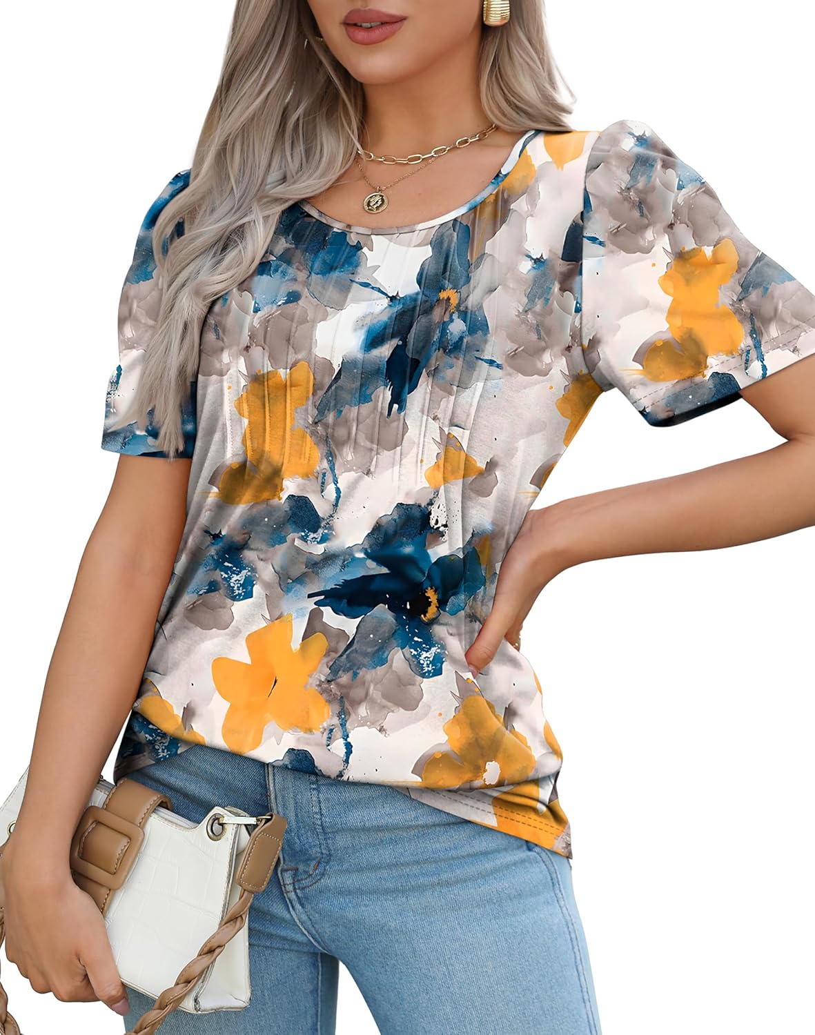 Women’s Short Sleeve Pleated T-Shirt - Casual Scooped Neck Summer Blouse - Picture 99 of 266