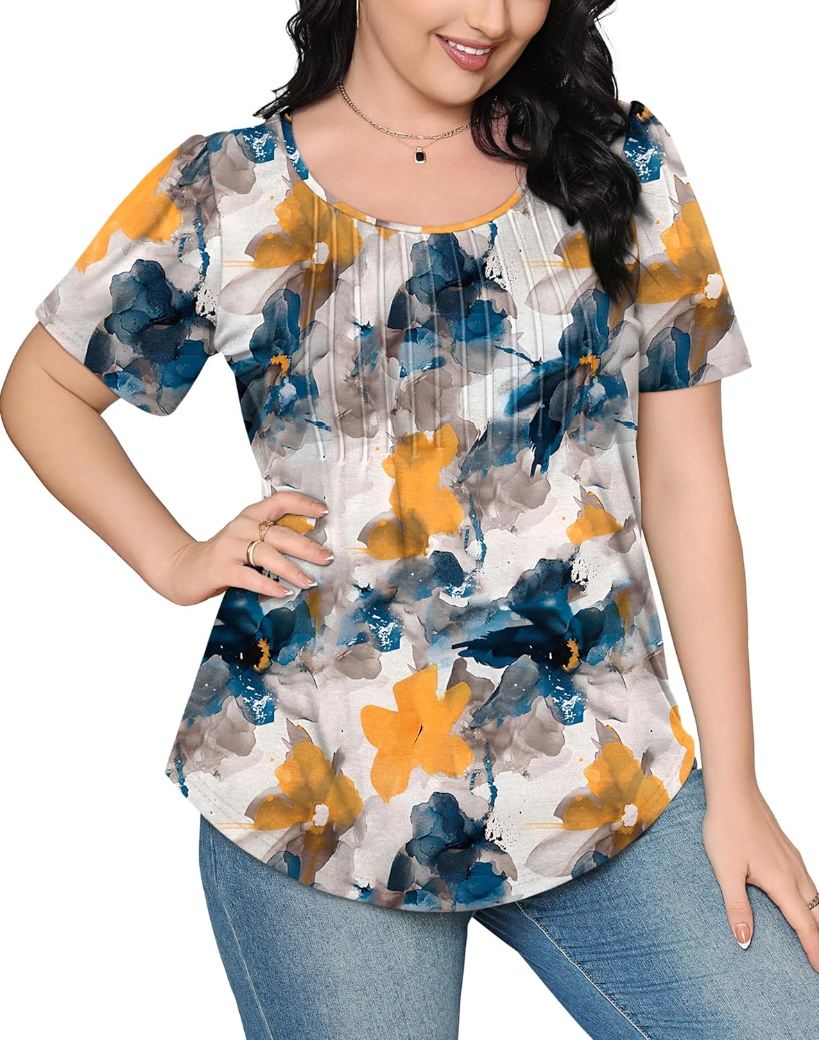 Women’s Short Sleeve Pleated T-Shirt - Casual Scooped Neck Summer Blouse - Picture 100 of 266