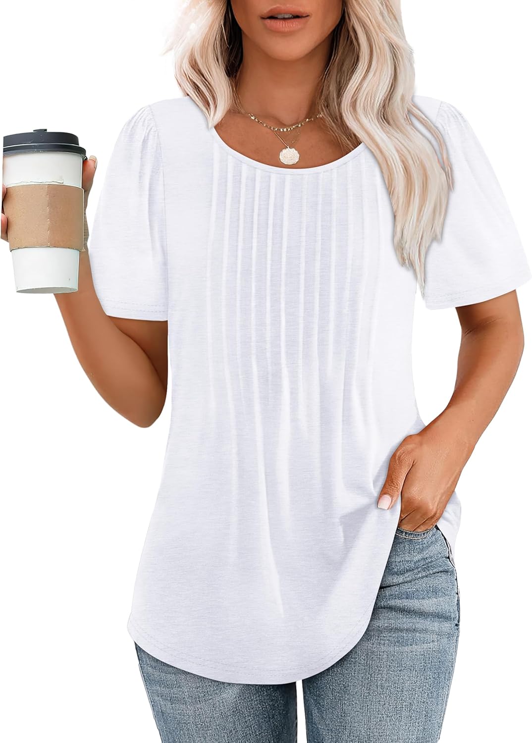 Women’s Short Sleeve Pleated T-Shirt - Casual Scooped Neck Summer Blouse - Picture 103 of 266