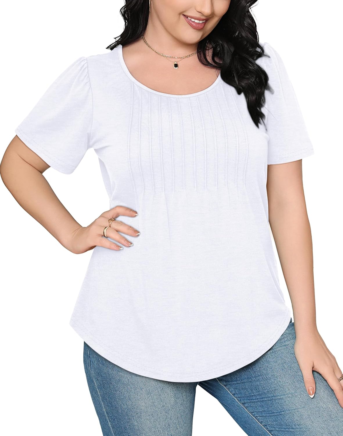 Women’s Short Sleeve Pleated T-Shirt - Casual Scooped Neck Summer Blouse - Picture 106 of 266