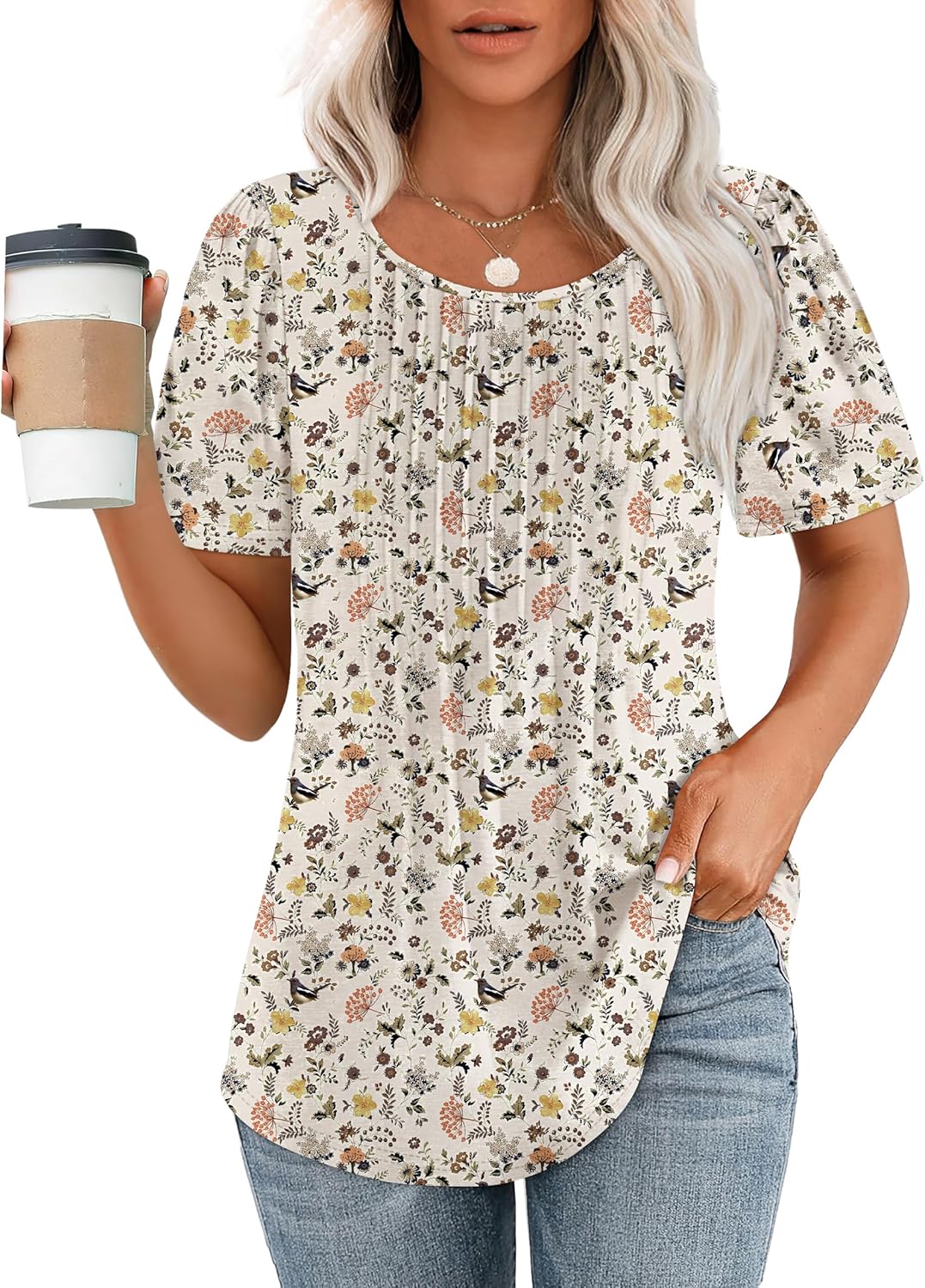 Women’s Short Sleeve Pleated T-Shirt - Casual Scooped Neck Summer Blouse - Picture 110 of 266