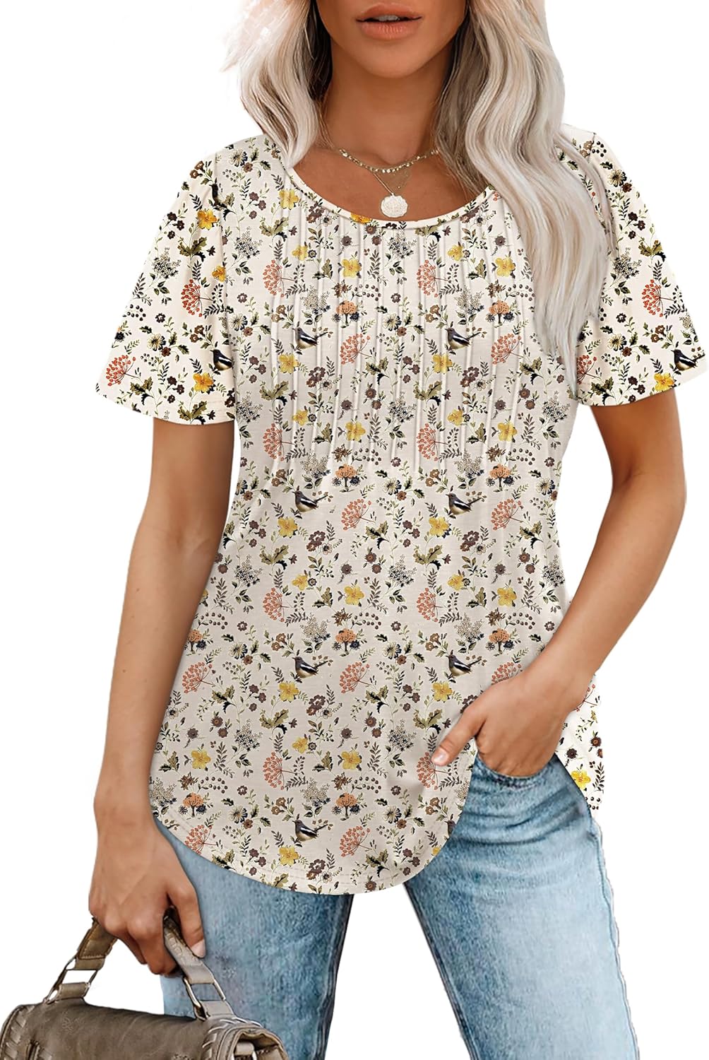 Women’s Short Sleeve Pleated T-Shirt - Casual Scooped Neck Summer Blouse - Picture 111 of 266