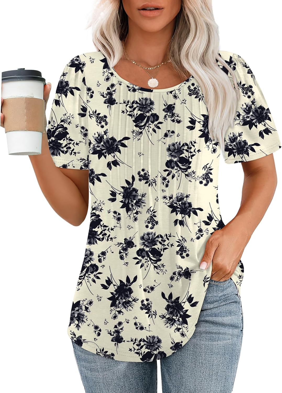 Women’s Short Sleeve Pleated T-Shirt - Casual Scooped Neck Summer Blouse - Picture 116 of 266
