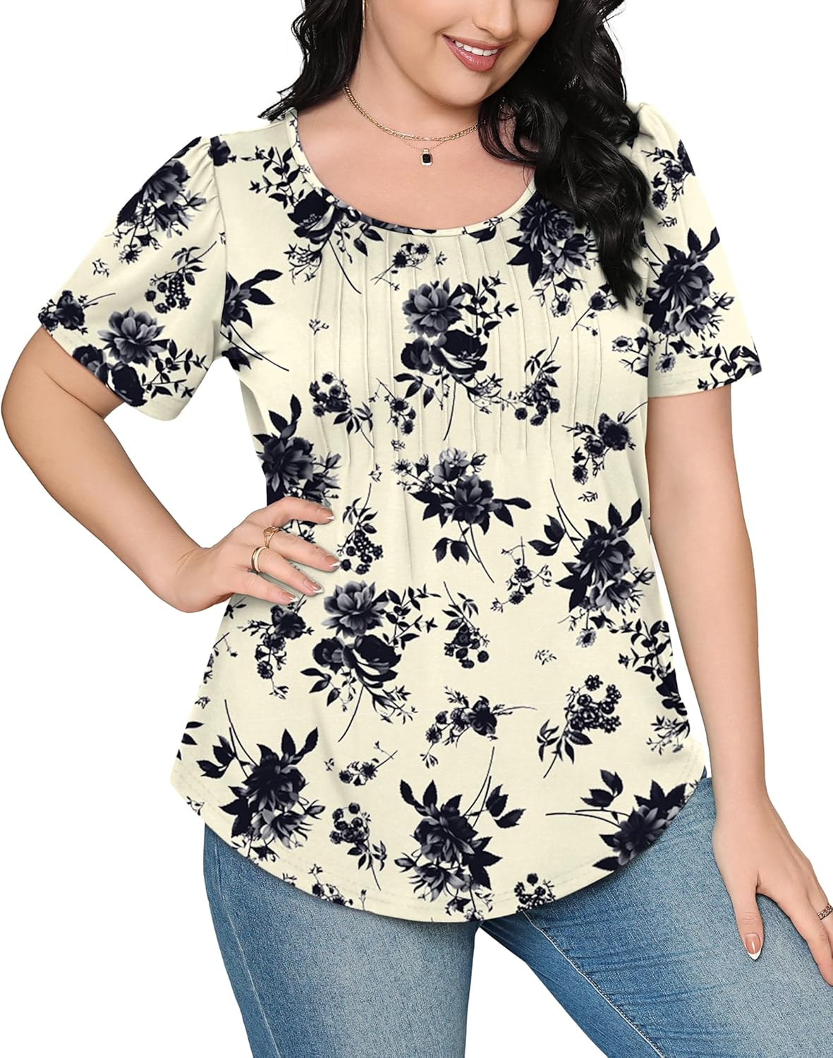 Women’s Short Sleeve Pleated T-Shirt - Casual Scooped Neck Summer Blouse - Picture 119 of 266