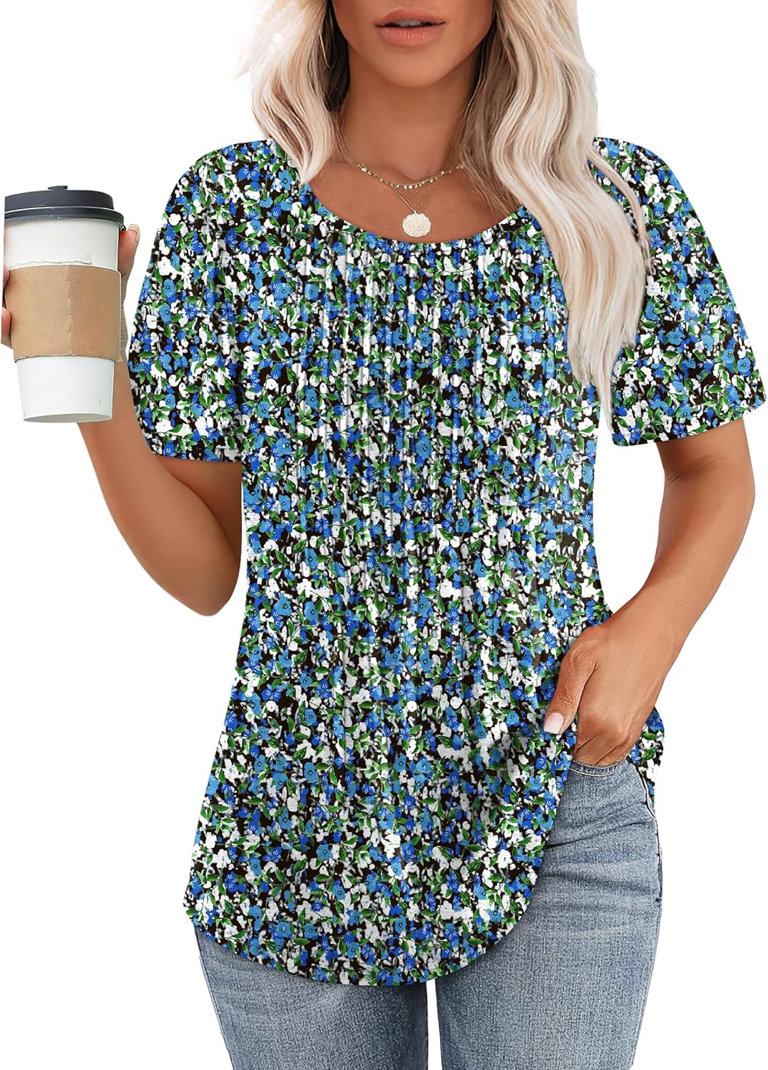 Women’s Short Sleeve Pleated T-Shirt - Casual Scooped Neck Summer Blouse - Picture 122 of 266