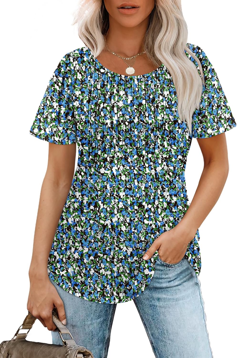 Women’s Short Sleeve Pleated T-Shirt - Casual Scooped Neck Summer Blouse - Picture 123 of 266