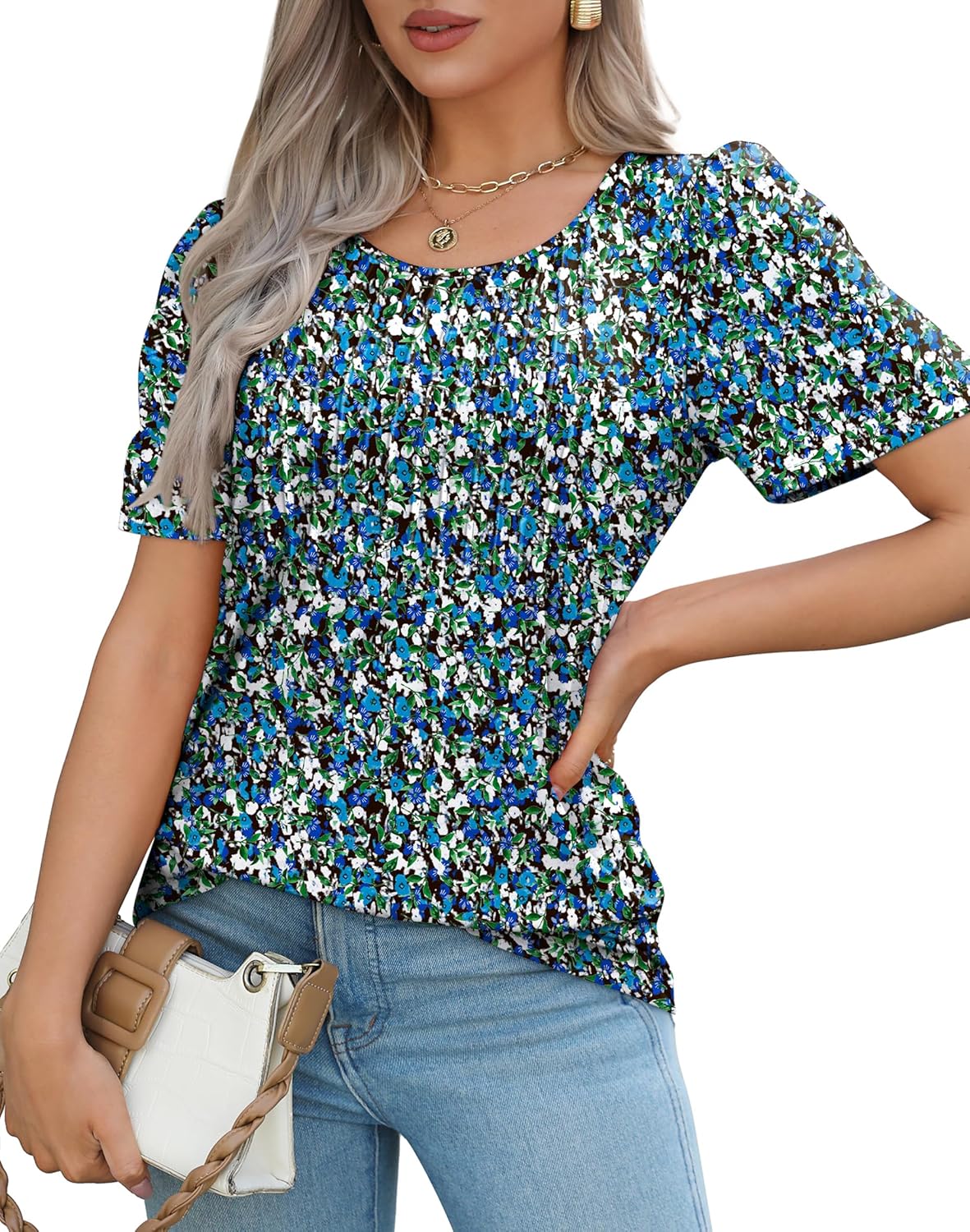Women’s Short Sleeve Pleated T-Shirt - Casual Scooped Neck Summer Blouse - Picture 124 of 266