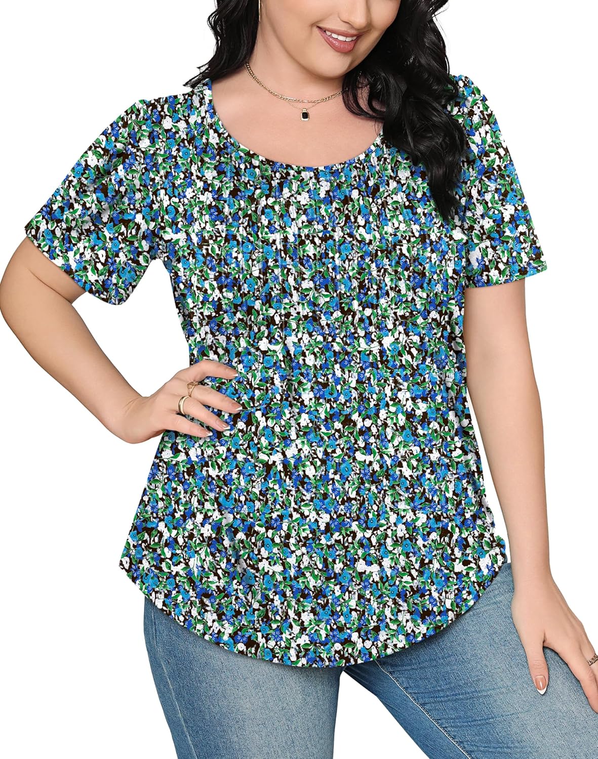 Women’s Short Sleeve Pleated T-Shirt - Casual Scooped Neck Summer Blouse - Picture 125 of 266