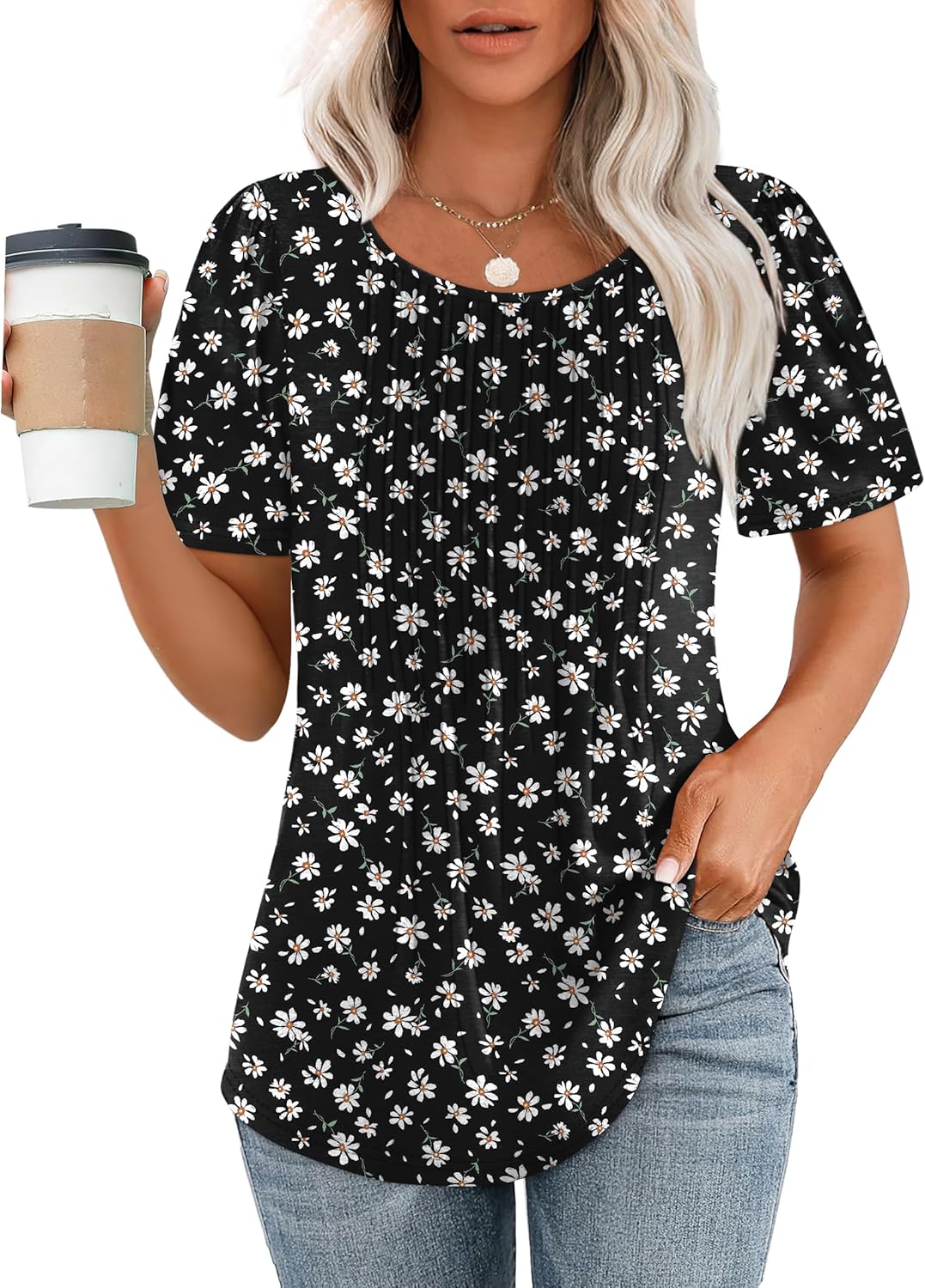 Women’s Short Sleeve Pleated T-Shirt - Casual Scooped Neck Summer Blouse - Picture 129 of 266