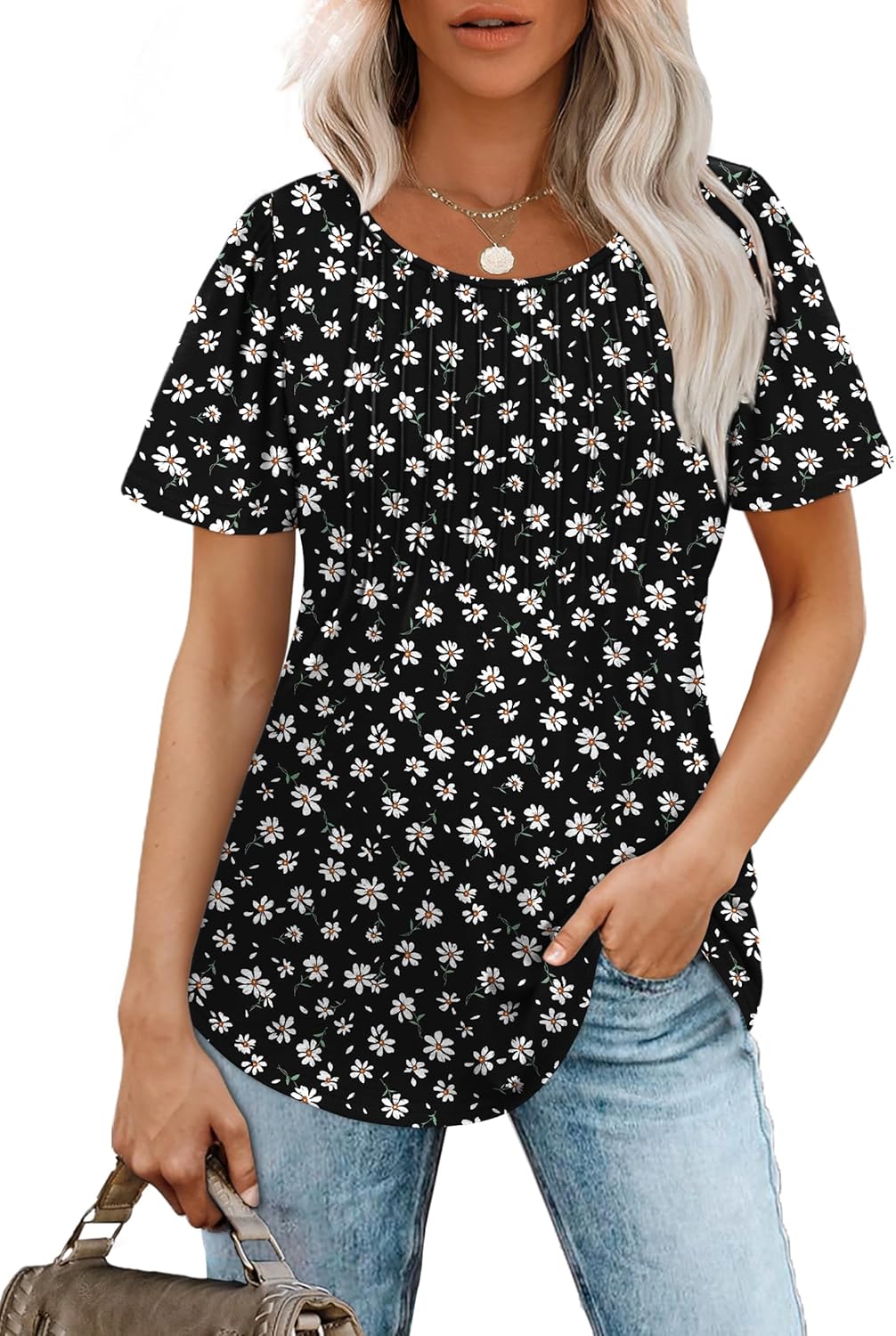 Women’s Short Sleeve Pleated T-Shirt - Casual Scooped Neck Summer Blouse - Picture 130 of 266