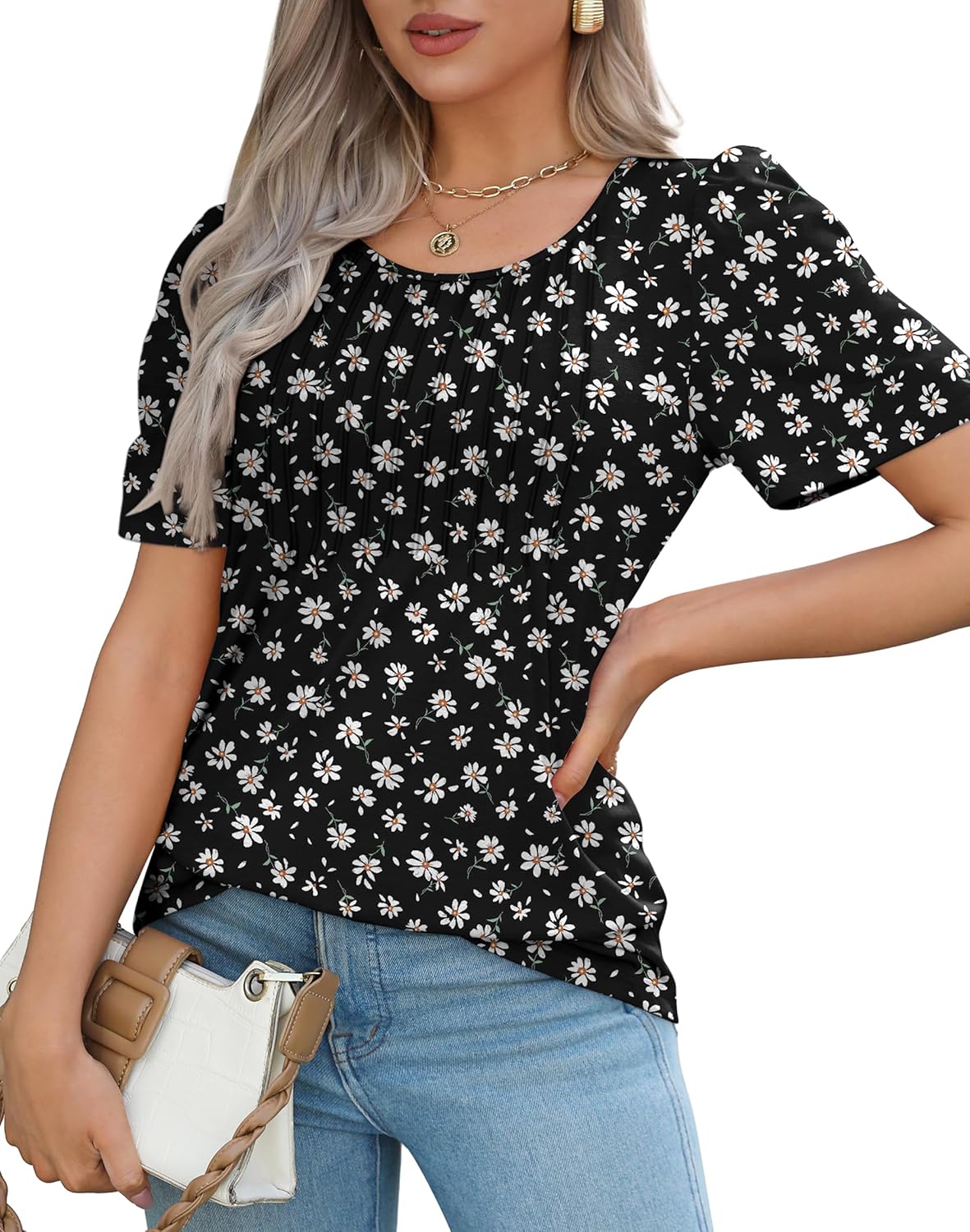 Women’s Short Sleeve Pleated T-Shirt - Casual Scooped Neck Summer Blouse - Picture 131 of 266