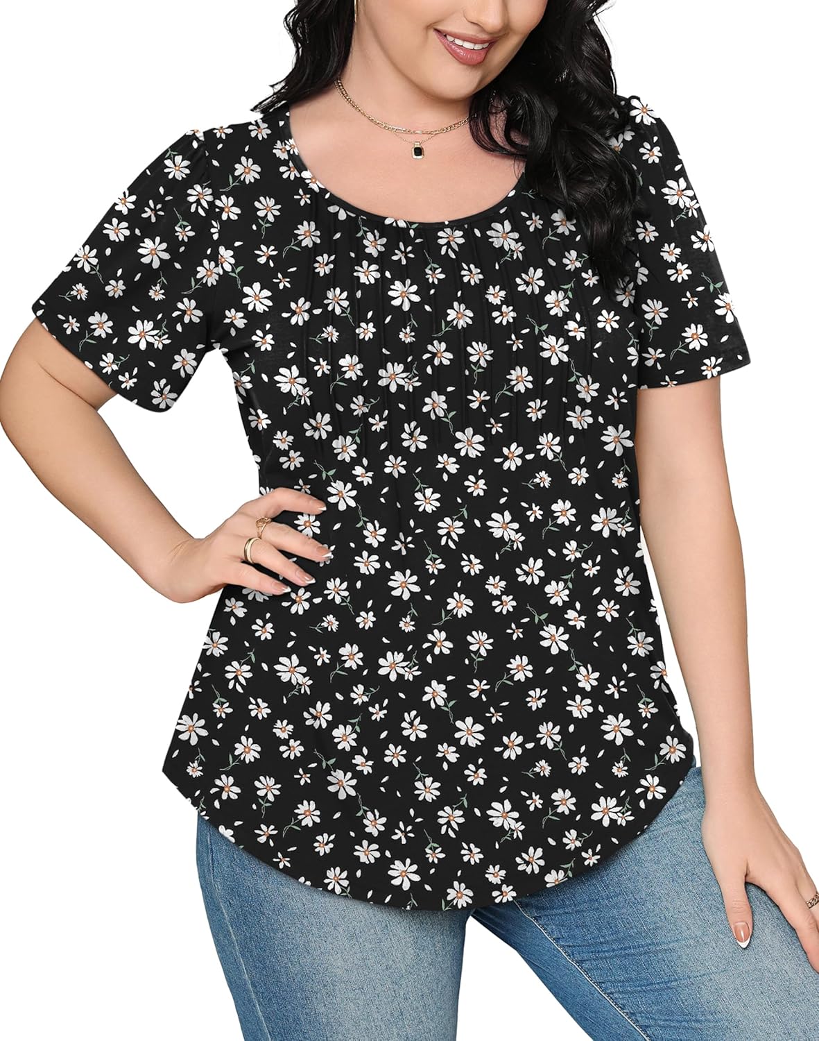 Women’s Short Sleeve Pleated T-Shirt - Casual Scooped Neck Summer Blouse - Picture 132 of 266