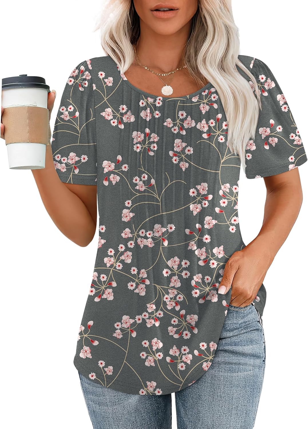 Women’s Short Sleeve Pleated T-Shirt - Casual Scooped Neck Summer Blouse - Picture 135 of 266