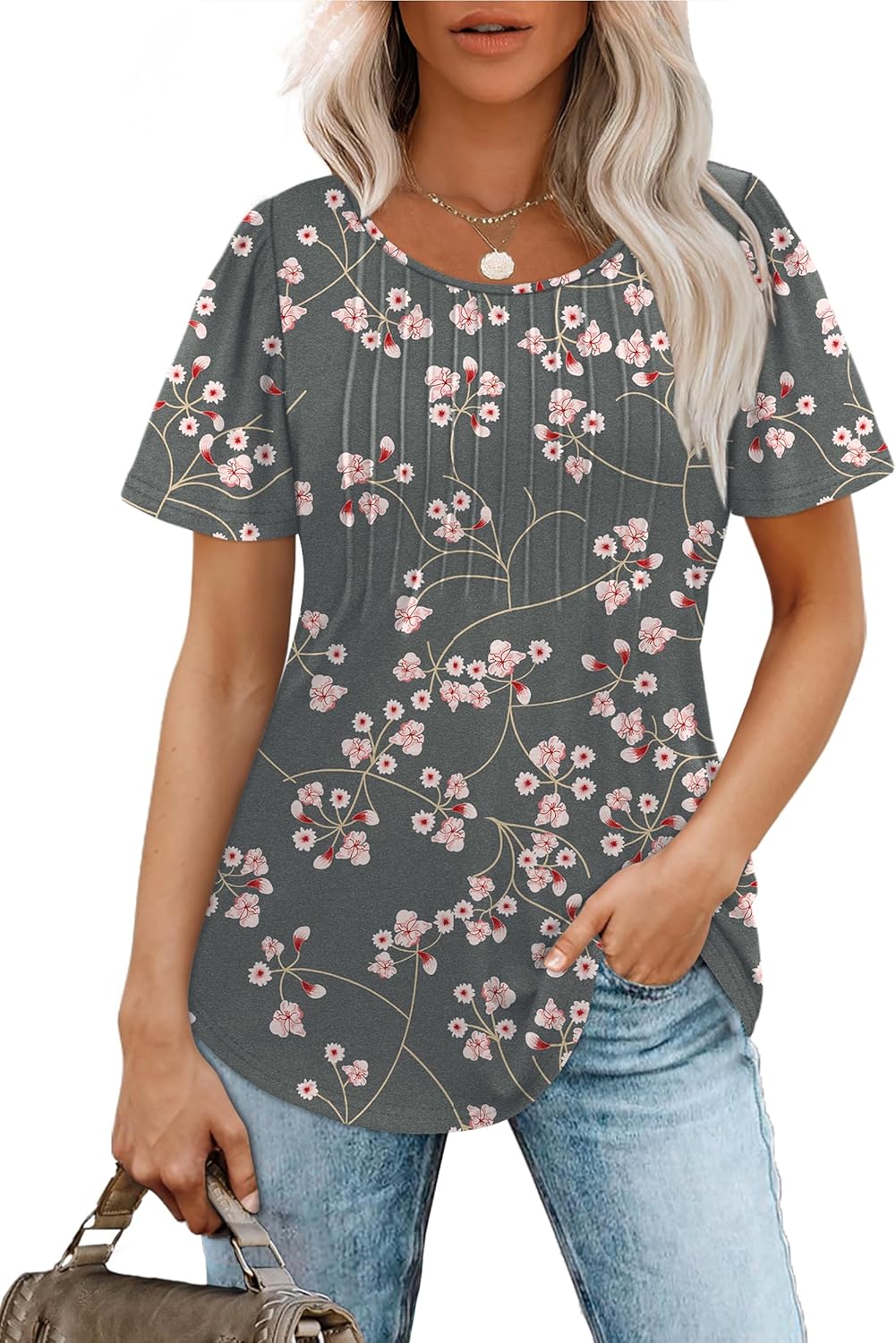 Women’s Short Sleeve Pleated T-Shirt - Casual Scooped Neck Summer Blouse - Picture 136 of 266