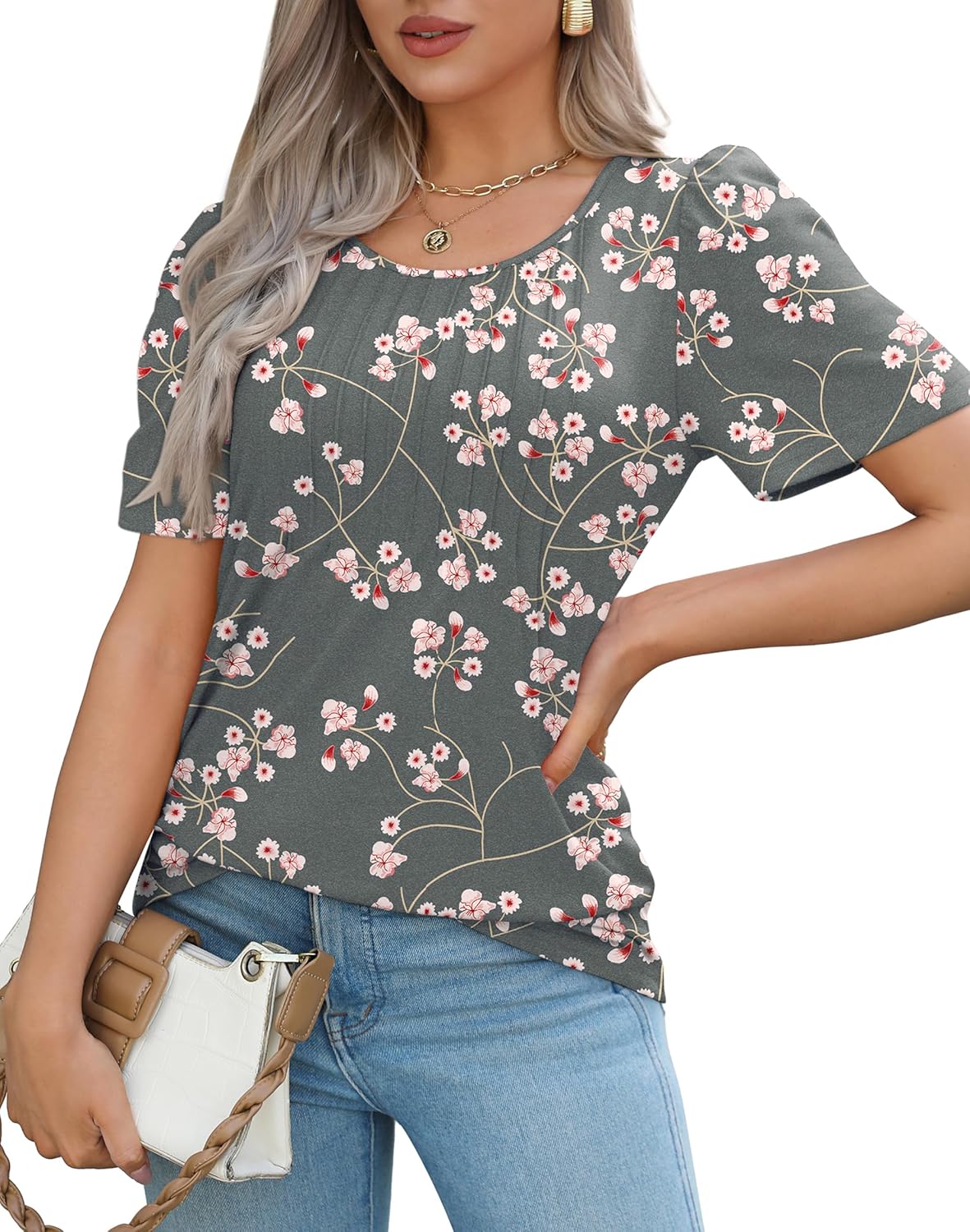 Women’s Short Sleeve Pleated T-Shirt - Casual Scooped Neck Summer Blouse - Picture 137 of 266