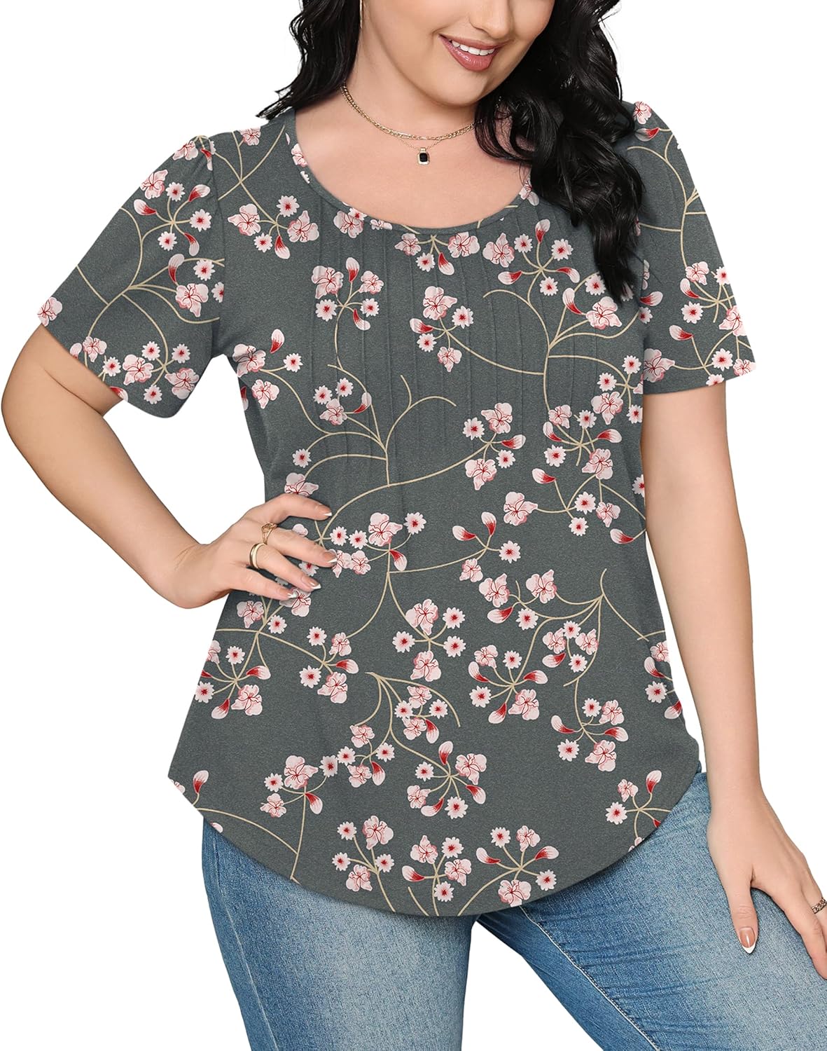 Women’s Short Sleeve Pleated T-Shirt - Casual Scooped Neck Summer Blouse - Picture 138 of 266