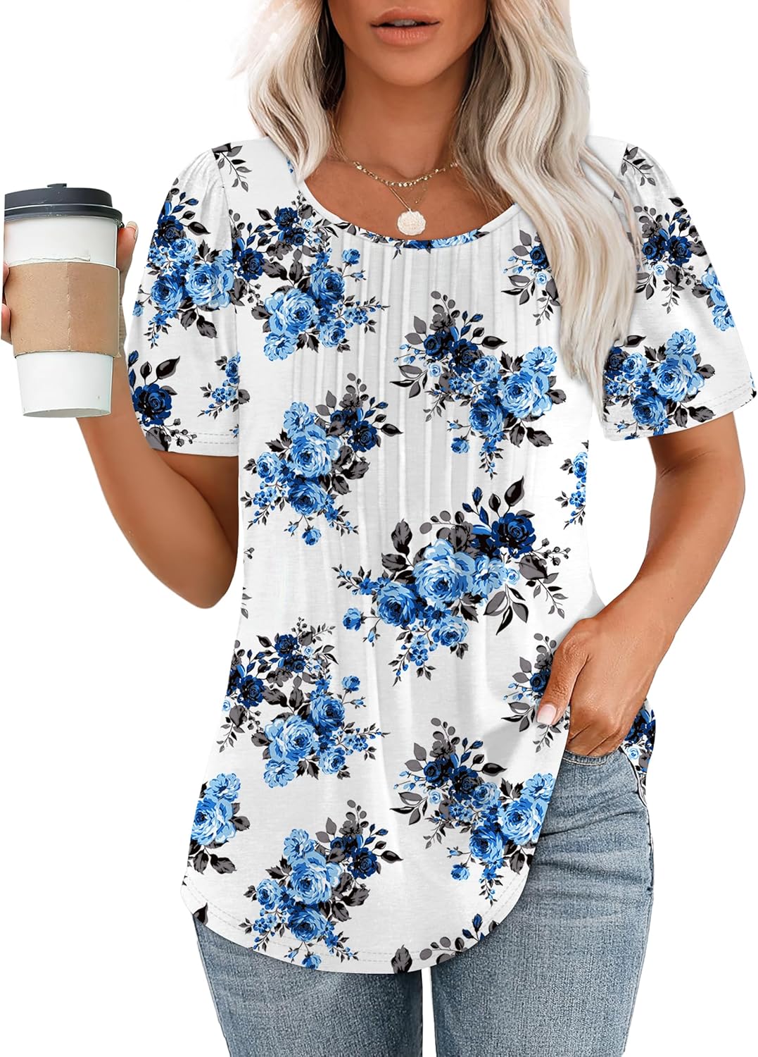 Women’s Short Sleeve Pleated T-Shirt - Casual Scooped Neck Summer Blouse - Picture 141 of 266