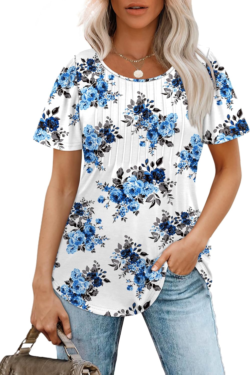 Women’s Short Sleeve Pleated T-Shirt - Casual Scooped Neck Summer Blouse - Picture 142 of 266