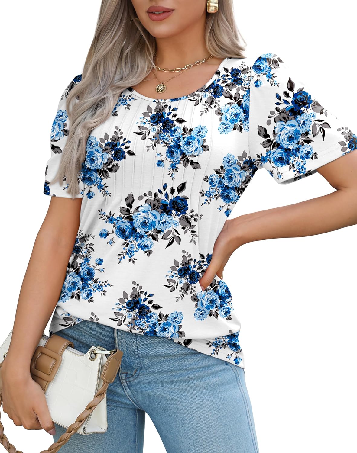 Women’s Short Sleeve Pleated T-Shirt - Casual Scooped Neck Summer Blouse - Picture 143 of 266