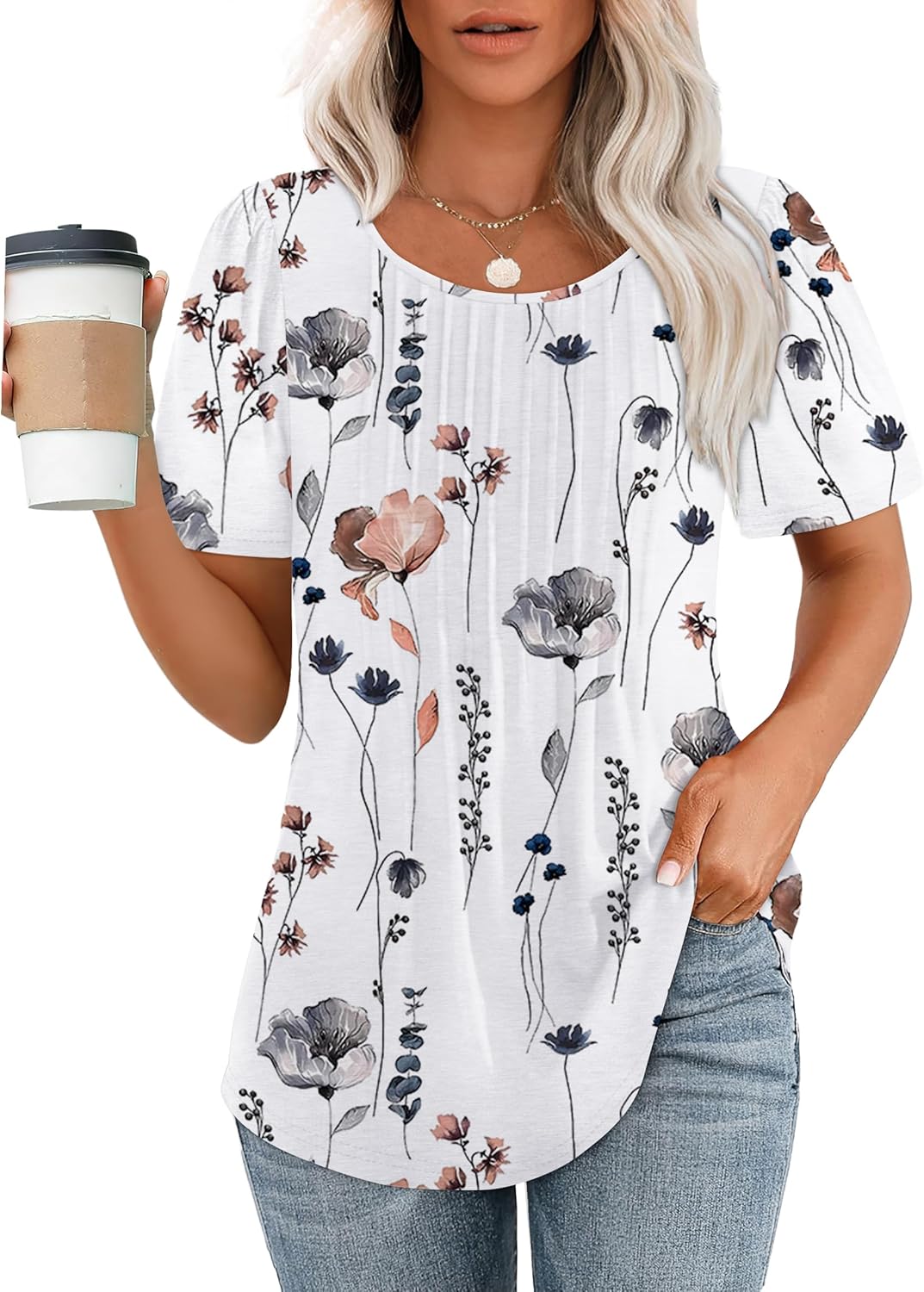 Women’s Short Sleeve Pleated T-Shirt - Casual Scooped Neck Summer Blouse - Picture 147 of 266