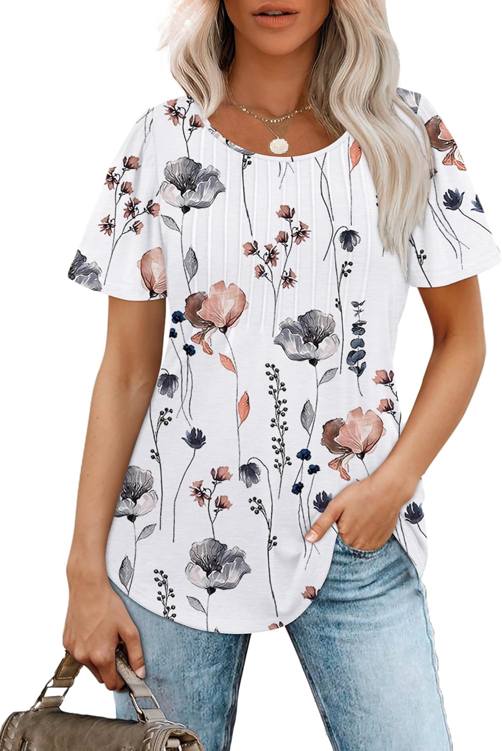 Women’s Short Sleeve Pleated T-Shirt - Casual Scooped Neck Summer Blouse - Picture 148 of 266