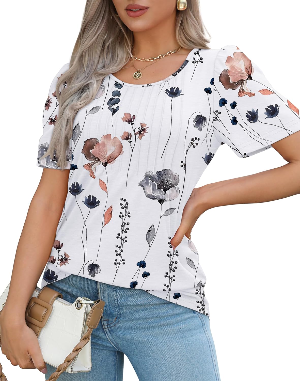 Women’s Short Sleeve Pleated T-Shirt - Casual Scooped Neck Summer Blouse - Picture 149 of 266
