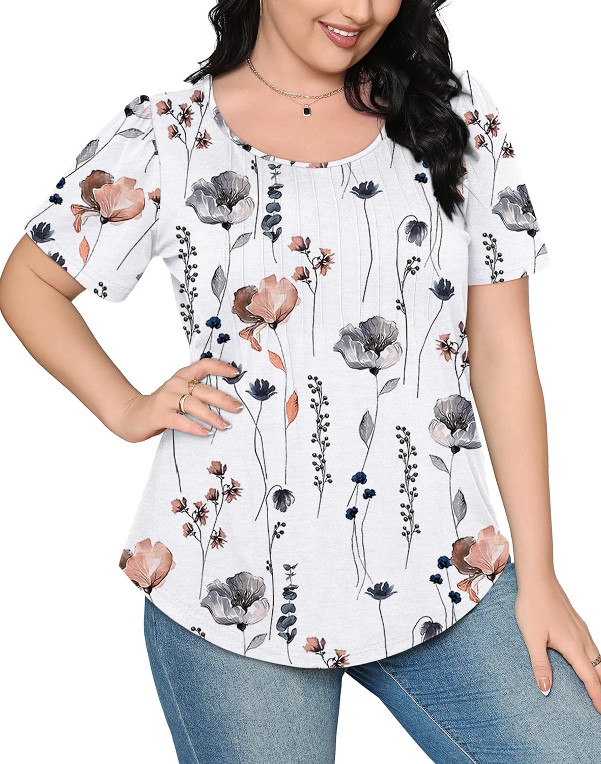 Women’s Short Sleeve Pleated T-Shirt - Casual Scooped Neck Summer Blouse - Picture 150 of 266