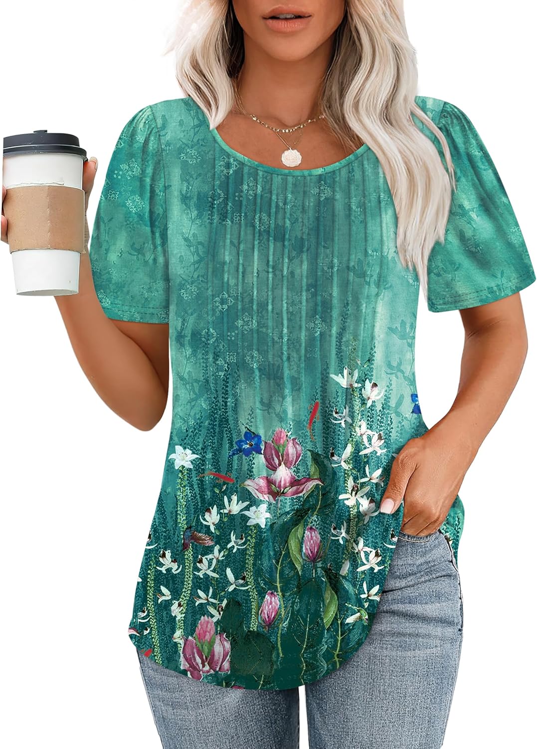 Women’s Short Sleeve Pleated T-Shirt - Casual Scooped Neck Summer Blouse - Picture 153 of 266