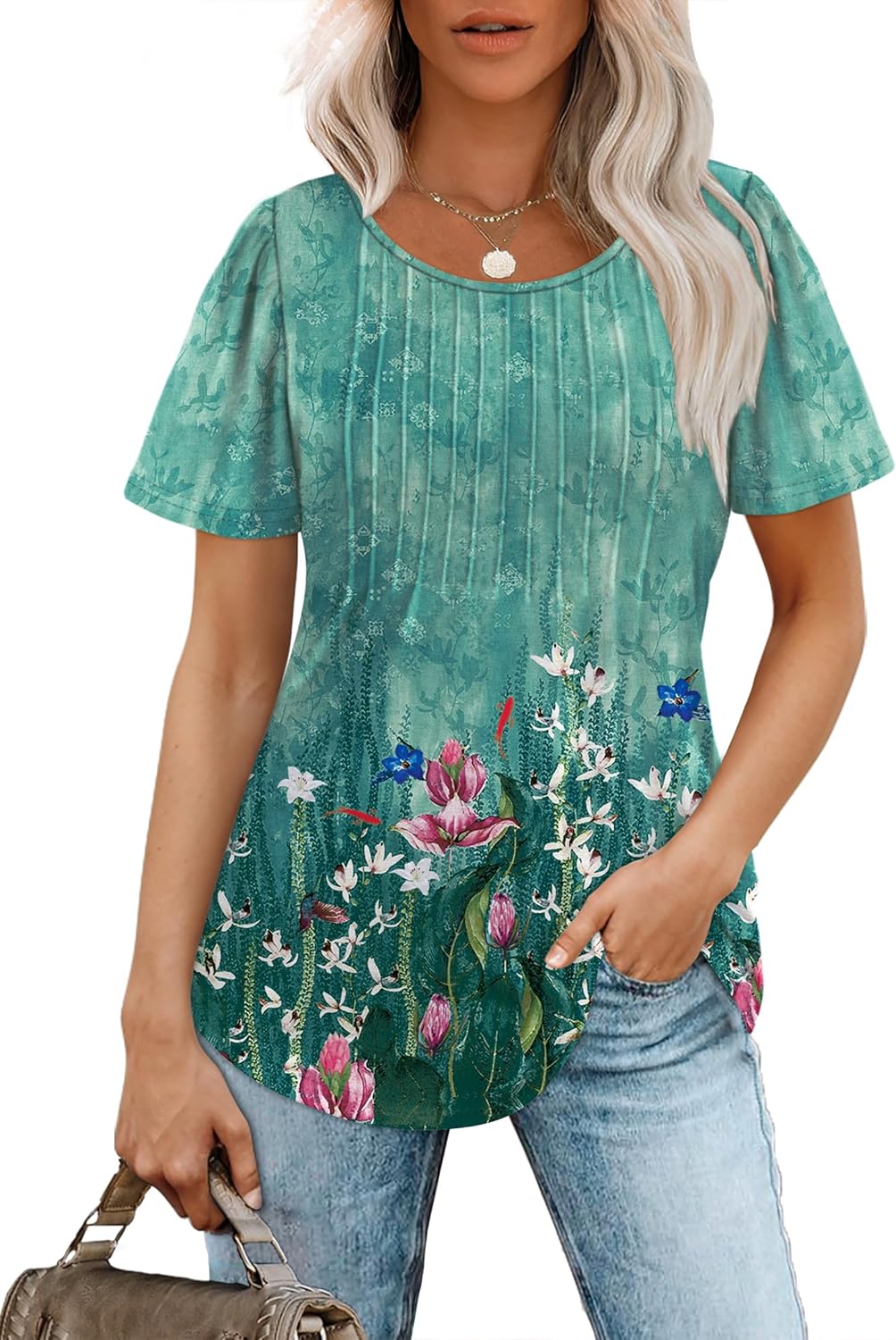 Women’s Short Sleeve Pleated T-Shirt - Casual Scooped Neck Summer Blouse - Picture 154 of 266