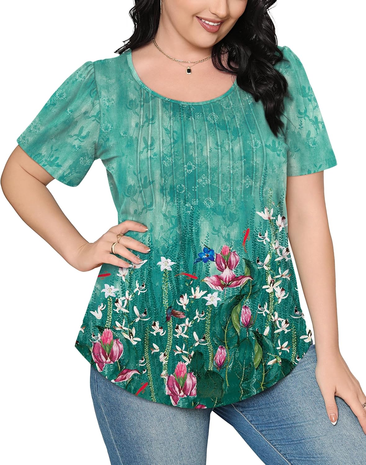 Women’s Short Sleeve Pleated T-Shirt - Casual Scooped Neck Summer Blouse - Picture 156 of 266