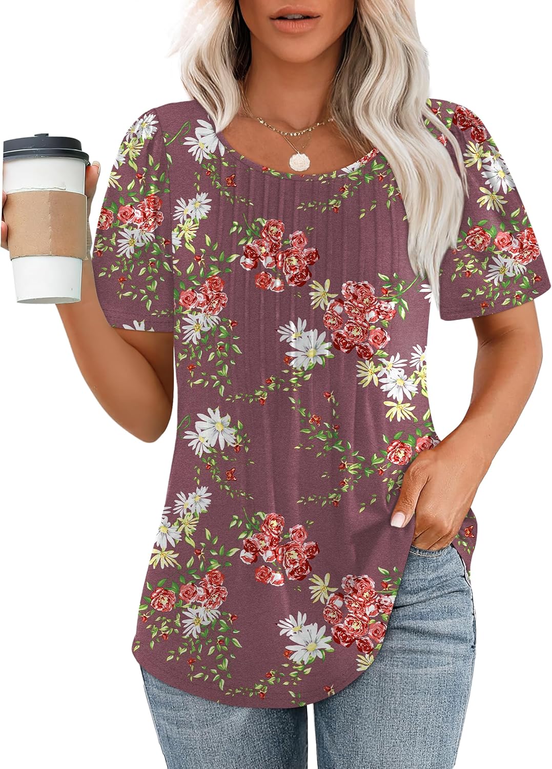 Women’s Short Sleeve Pleated T-Shirt - Casual Scooped Neck Summer Blouse - Picture 159 of 266