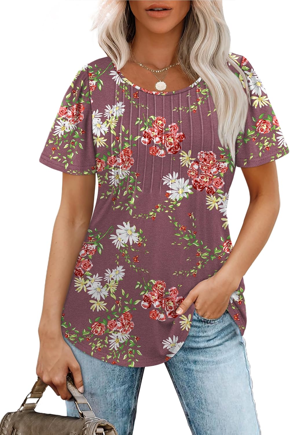 Women’s Short Sleeve Pleated T-Shirt - Casual Scooped Neck Summer Blouse - Picture 160 of 266