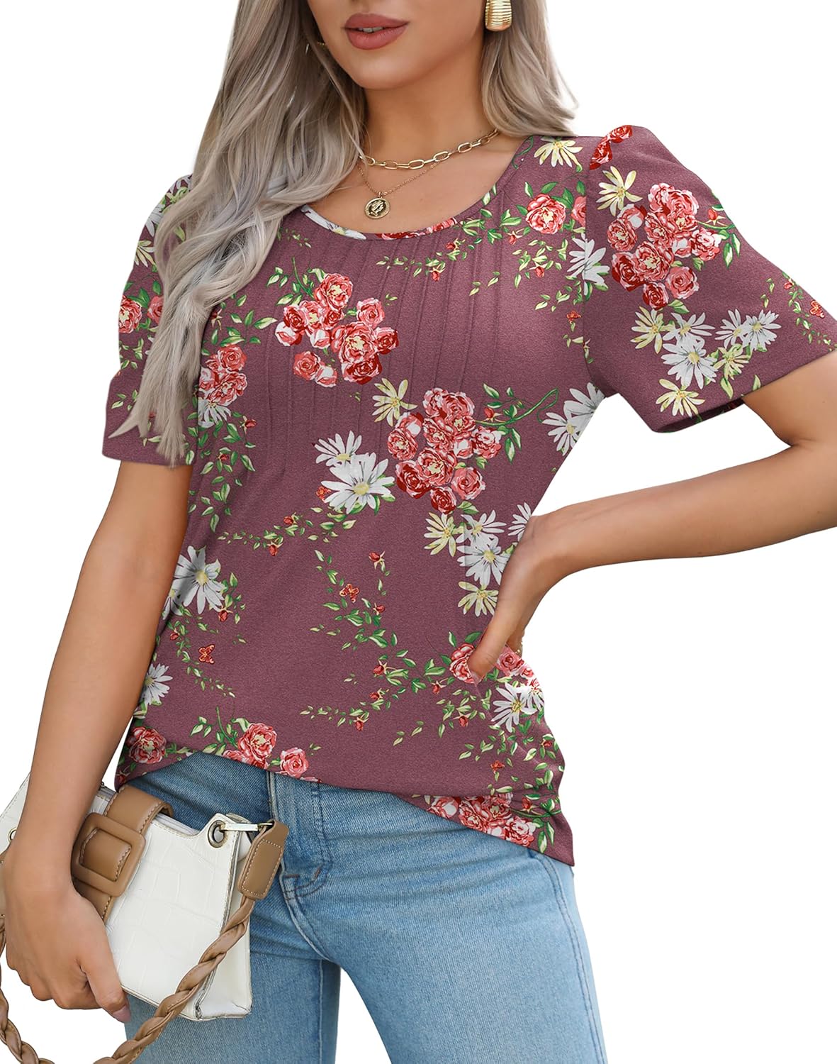 Women’s Short Sleeve Pleated T-Shirt - Casual Scooped Neck Summer Blouse - Picture 161 of 266