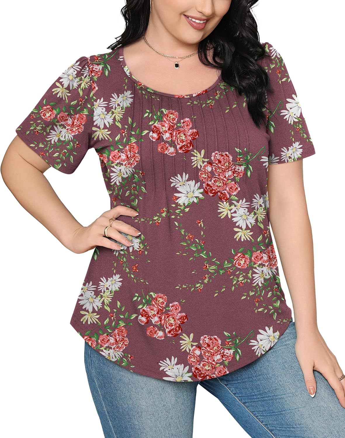 Women’s Short Sleeve Pleated T-Shirt - Casual Scooped Neck Summer Blouse - Picture 162 of 266