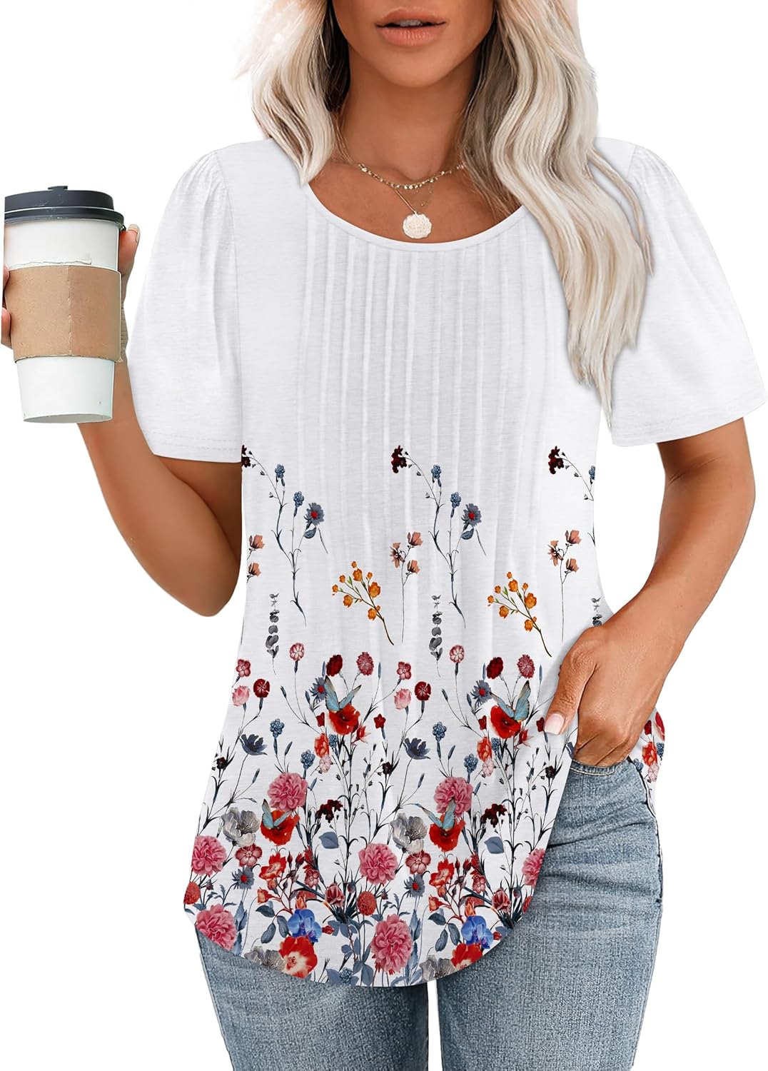 Women’s Short Sleeve Pleated T-Shirt - Casual Scooped Neck Summer Blouse - Picture 165 of 266