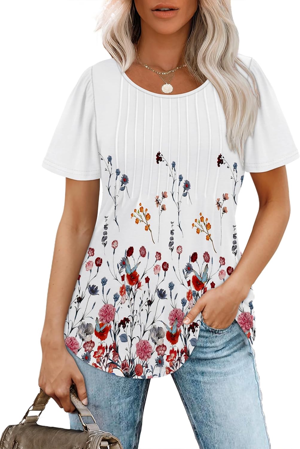 Women’s Short Sleeve Pleated T-Shirt - Casual Scooped Neck Summer Blouse - Picture 166 of 266