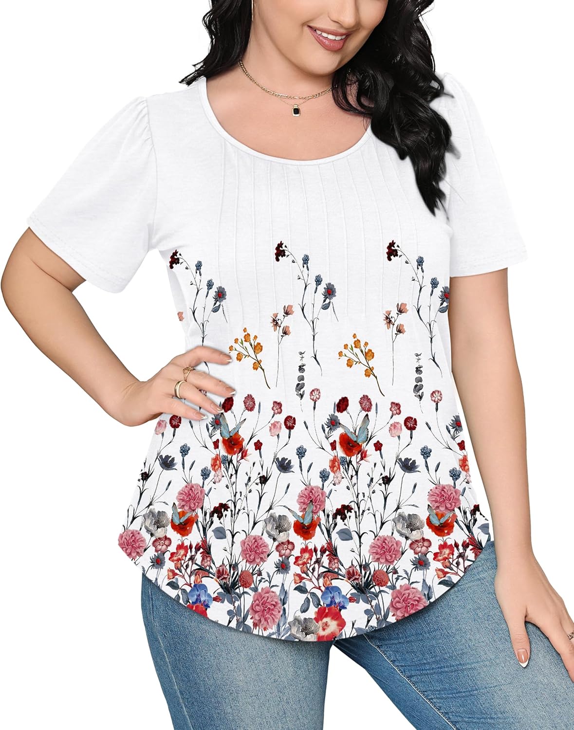 Women’s Short Sleeve Pleated T-Shirt - Casual Scooped Neck Summer Blouse - Picture 168 of 266