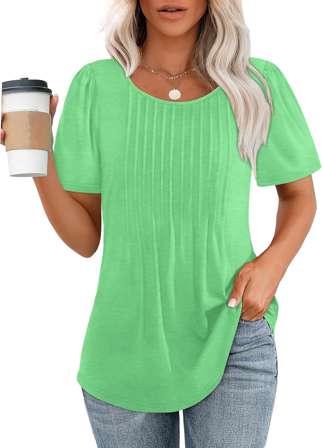 Women’s Short Sleeve Pleated T-Shirt - Casual Scooped Neck Summer Blouse - Picture 171 of 266