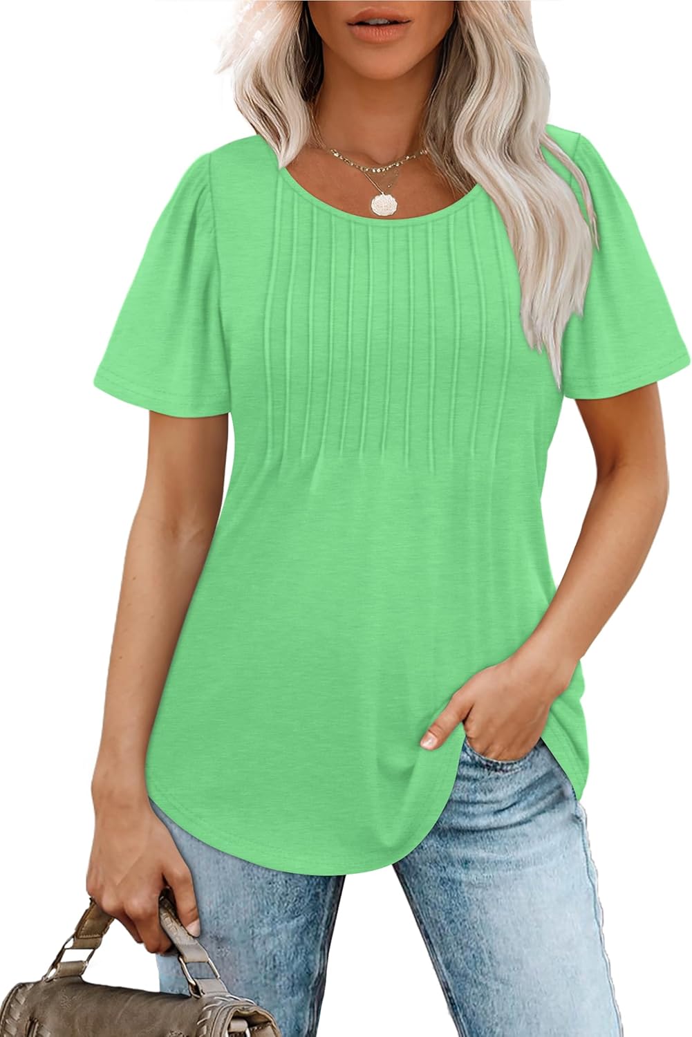 Women’s Short Sleeve Pleated T-Shirt - Casual Scooped Neck Summer Blouse - Picture 172 of 266