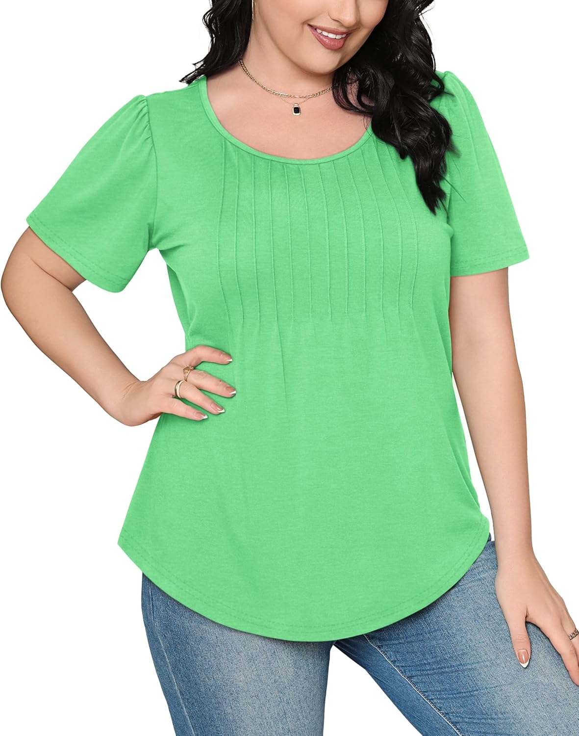 Women’s Short Sleeve Pleated T-Shirt - Casual Scooped Neck Summer Blouse - Picture 174 of 266