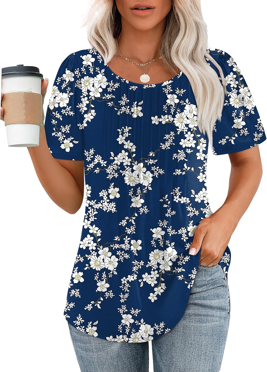 Women’s Short Sleeve Pleated T-Shirt - Casual Scooped Neck Summer Blouse - Picture 177 of 266