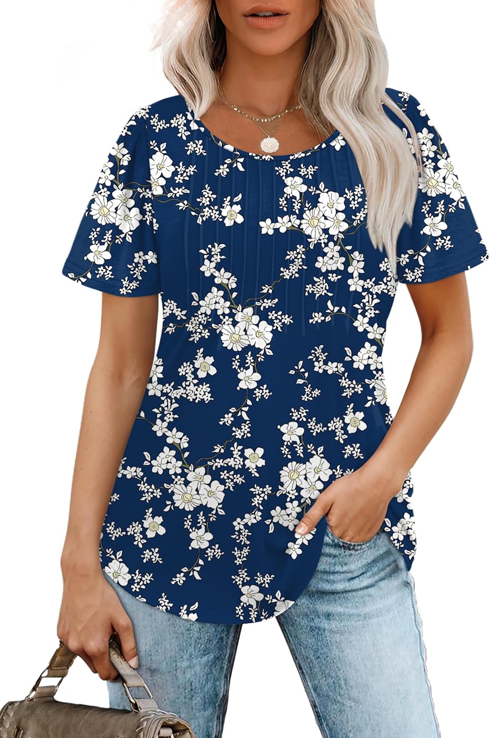 Women’s Short Sleeve Pleated T-Shirt - Casual Scooped Neck Summer Blouse - Picture 178 of 266